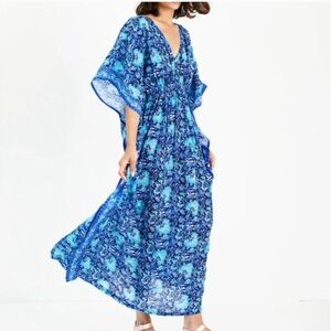 RUJUTA SHETH Marie Cinch Kaftan Blue Garden Floral Print Dress Small